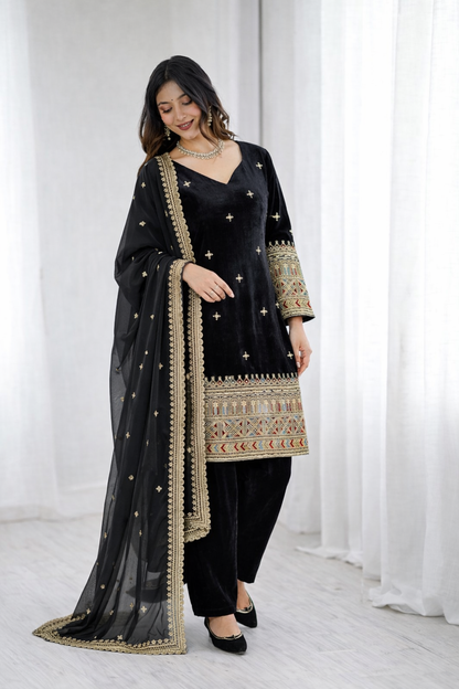 Black Color Beautifull Velvet With Coding Work Top Plazzo