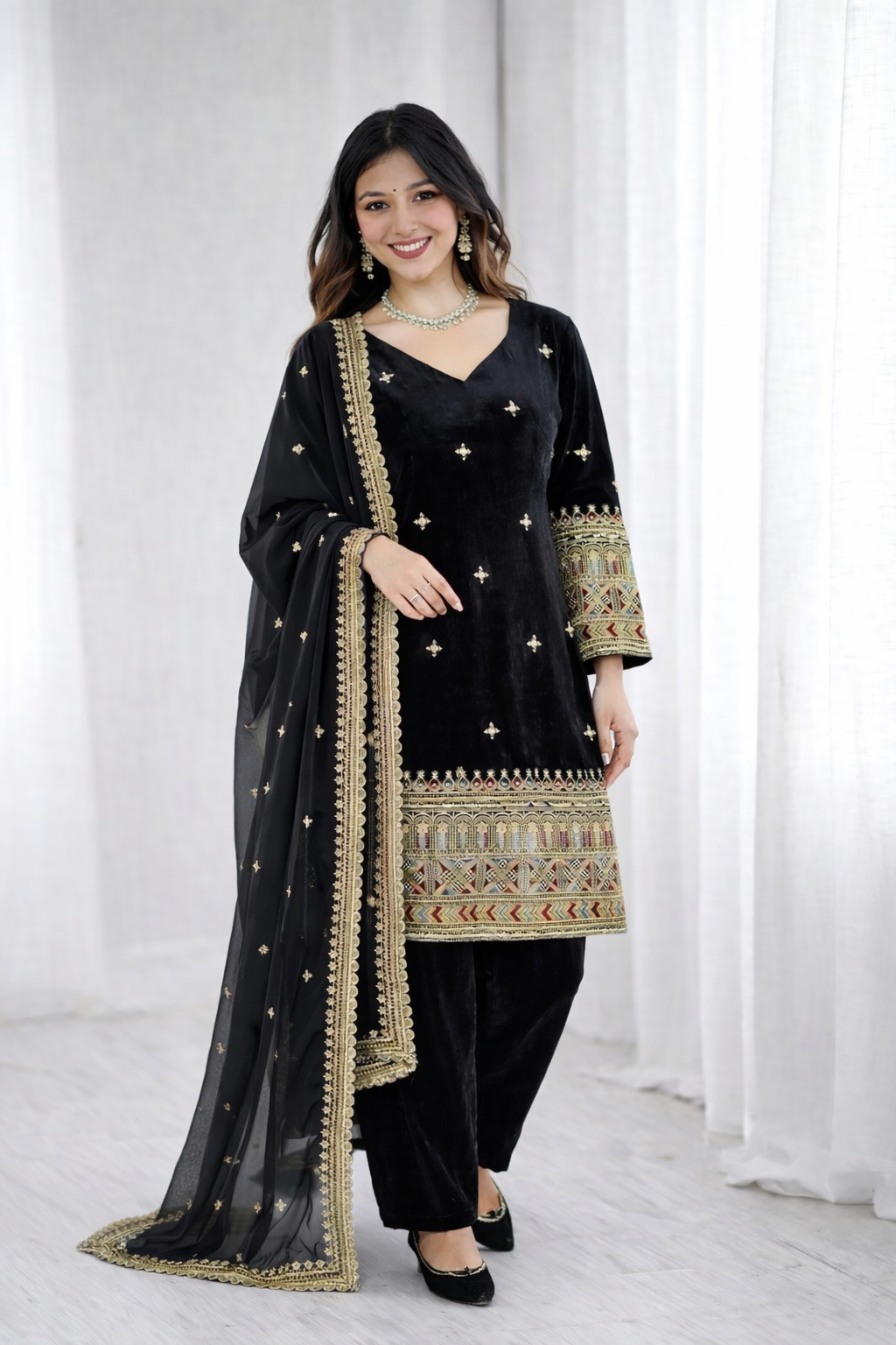 Black Color Beautifull Velvet With Coding Work Top Plazzo