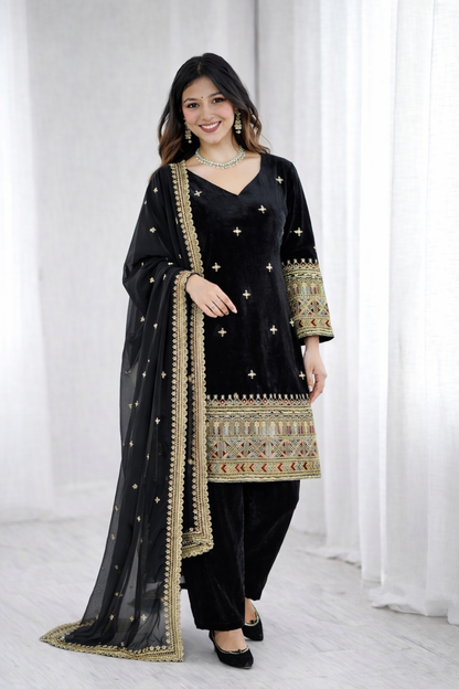 Black Color Beautifull Velvet With Coding Work Top Plazzo