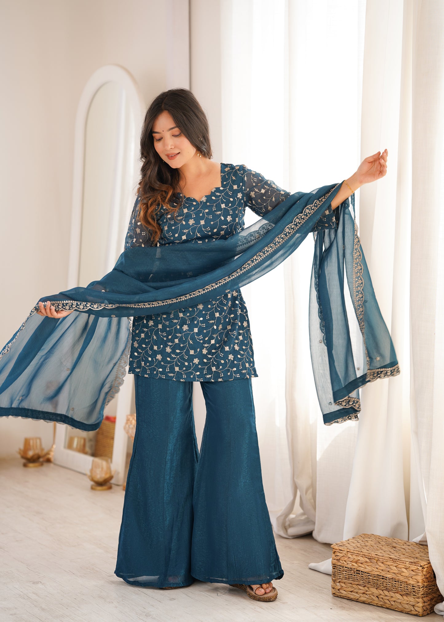 Crunchy Silk Embroidered Bell Bottom Suit Set