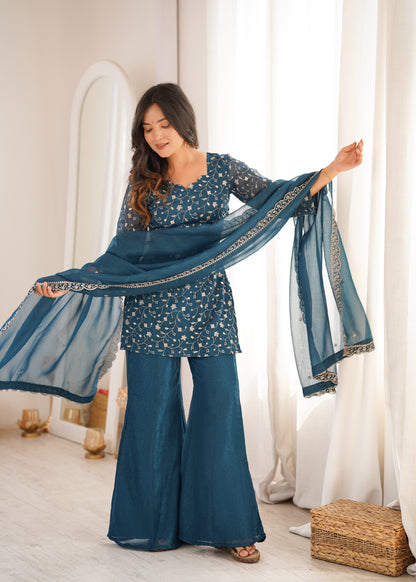 Crunchy Silk Embroidered Bell Bottom Suit Set