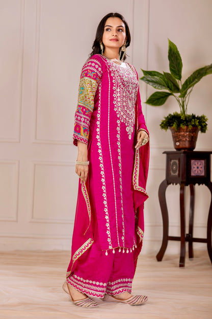 WOMEN'S VICHITRA SILK EMBROIDERED KURTA & PLAZZO WITH DUPATTA SET