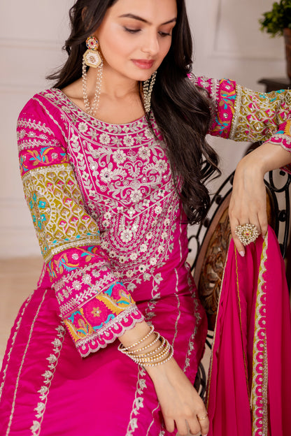 WOMEN'S VICHITRA SILK EMBROIDERED KURTA & PLAZZO WITH DUPATTA SET