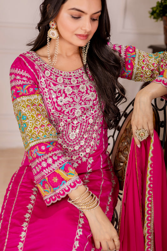WOMEN'S VICHITRA SILK EMBROIDERED KURTA & PLAZZO WITH DUPATTA SET