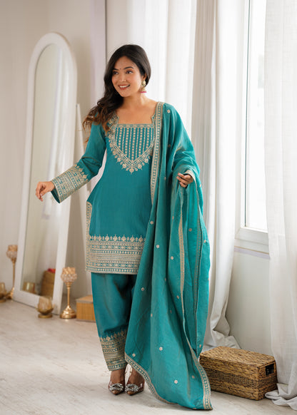 NC Vichitra Silk Embroidered Bell Bottom Suit Set