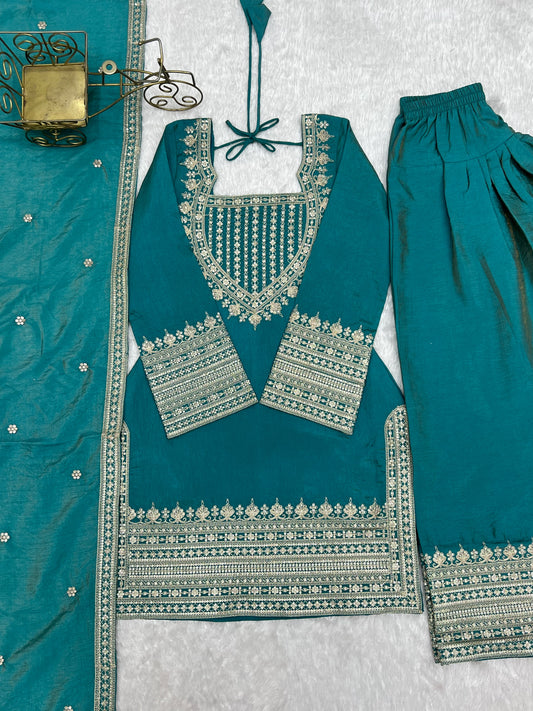 NC Vichitra Silk Embroidered Bell Bottom Suit Set