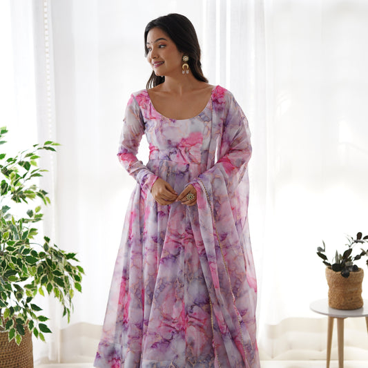 Heavy Pure Soft Organza Silk Print Work Gown