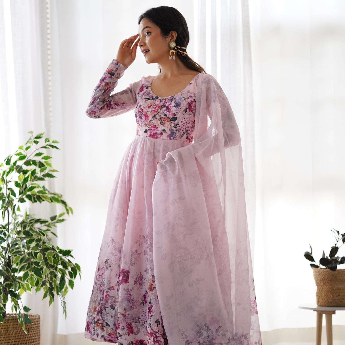 Pure Soft Organza Flower Printed Anarkali Gown