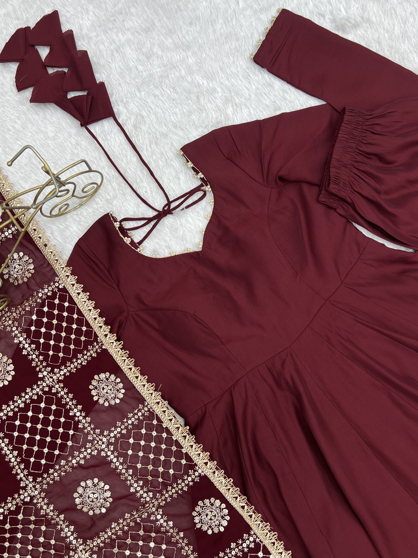 Pure Roman Silk Chanderi Embroidery Sequence Work Gown