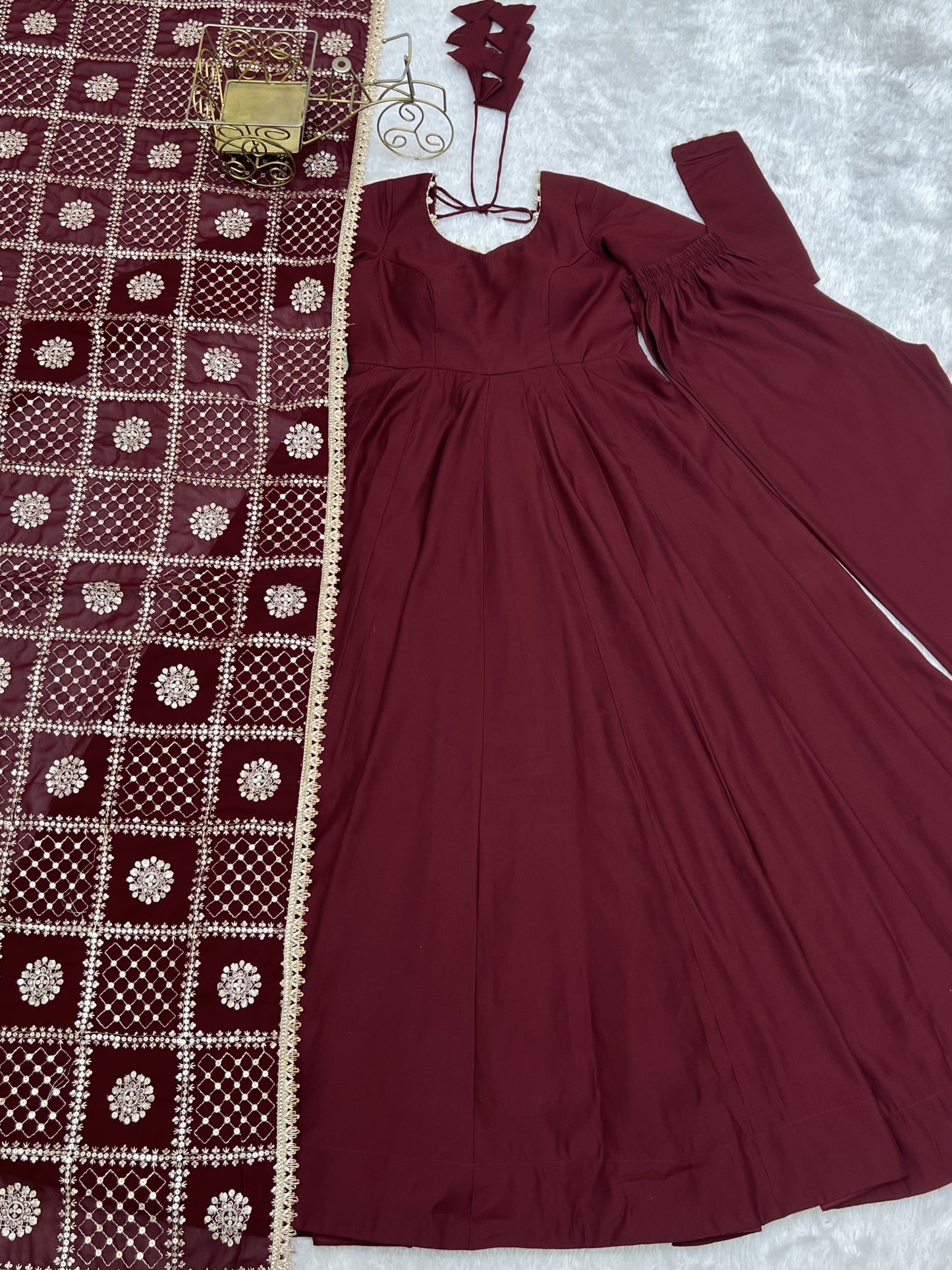 Pure Roman Silk Chanderi Embroidery Sequence Work Gown