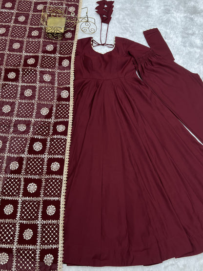 Pure Roman Silk Chanderi Embroidery Sequence Work Gown