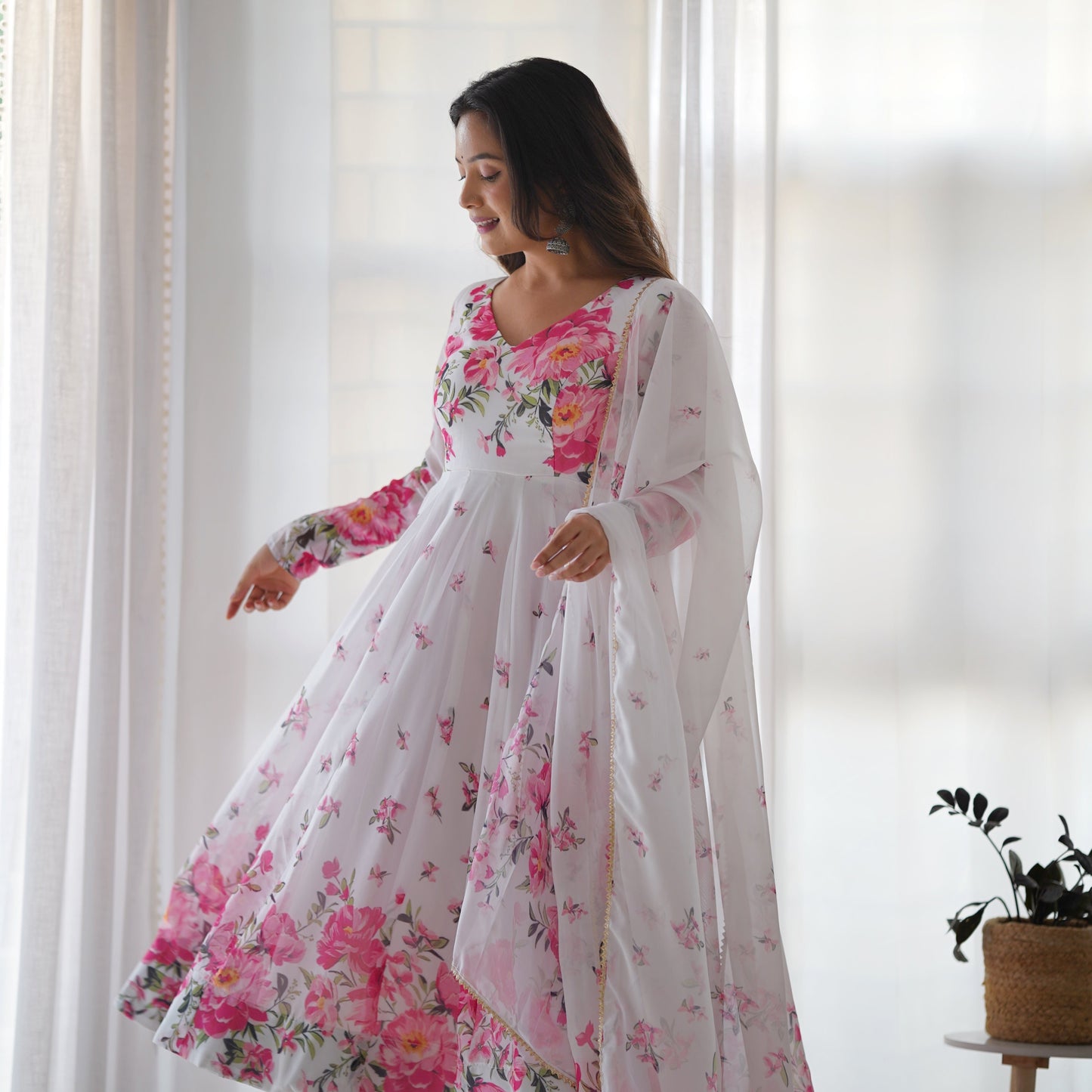 Christmas Special White Flower Printed Anarkali Gown