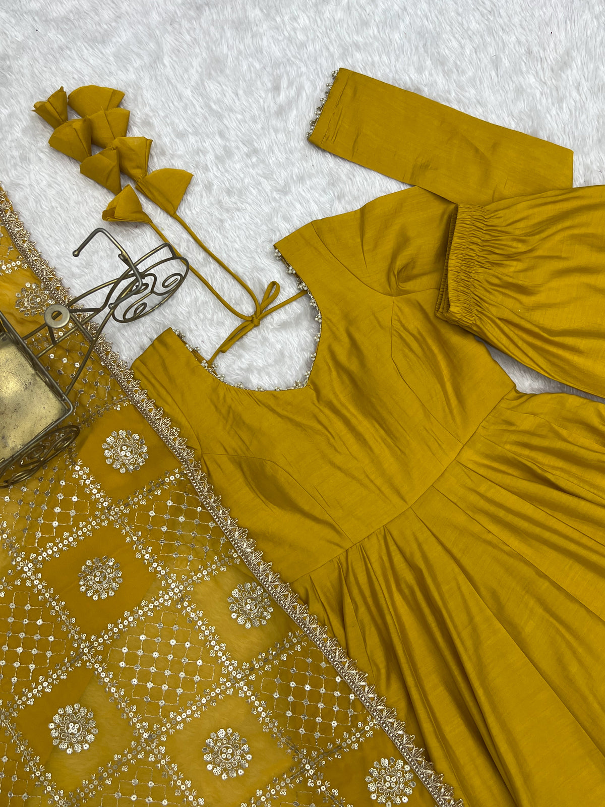 Pure Roman Silk Chanderi Embroidery Sequence Work Gown