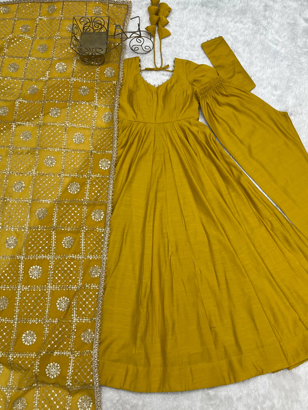 Pure Roman Silk Chanderi Embroidery Sequence Work Gown