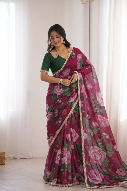 Beautifull Elegent Rich Look Floral Print Work Saree