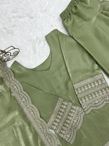 Most Viral Green Color Glass Roman Silk With Embroidery Work Top Farshi