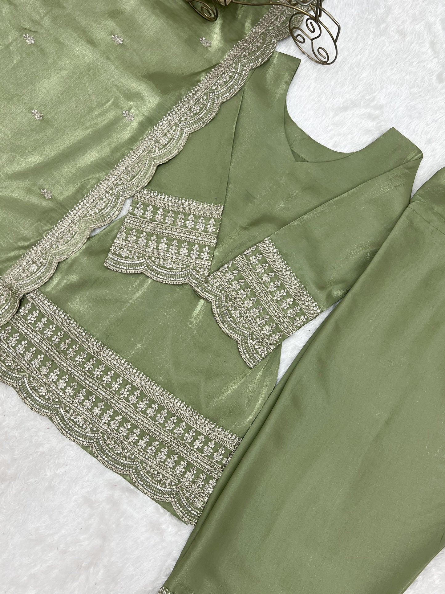 Most Viral Green Color Glass Roman Silk With Embroidery Work Top Farshi