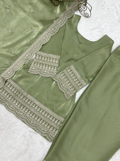 Most Viral Green Color Glass Roman Silk With Embroidery Work Top Farshi
