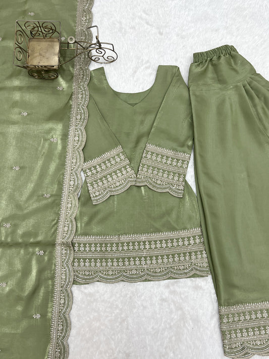 Most Viral Green Color Glass Roman Silk With Embroidery Work Top Farshi