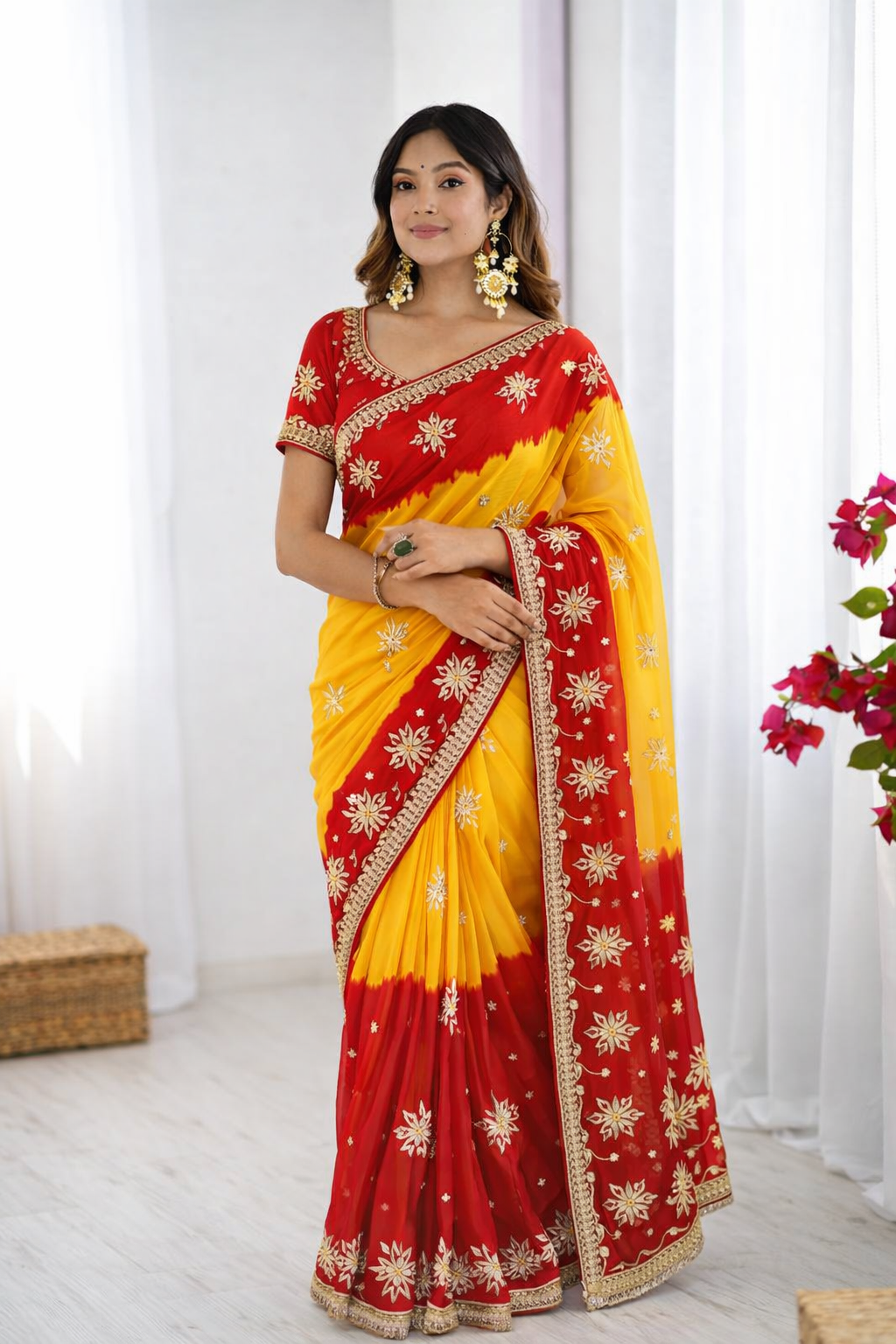 Beautifull Pure Chiffon With Kachhi Gotta Work Saree