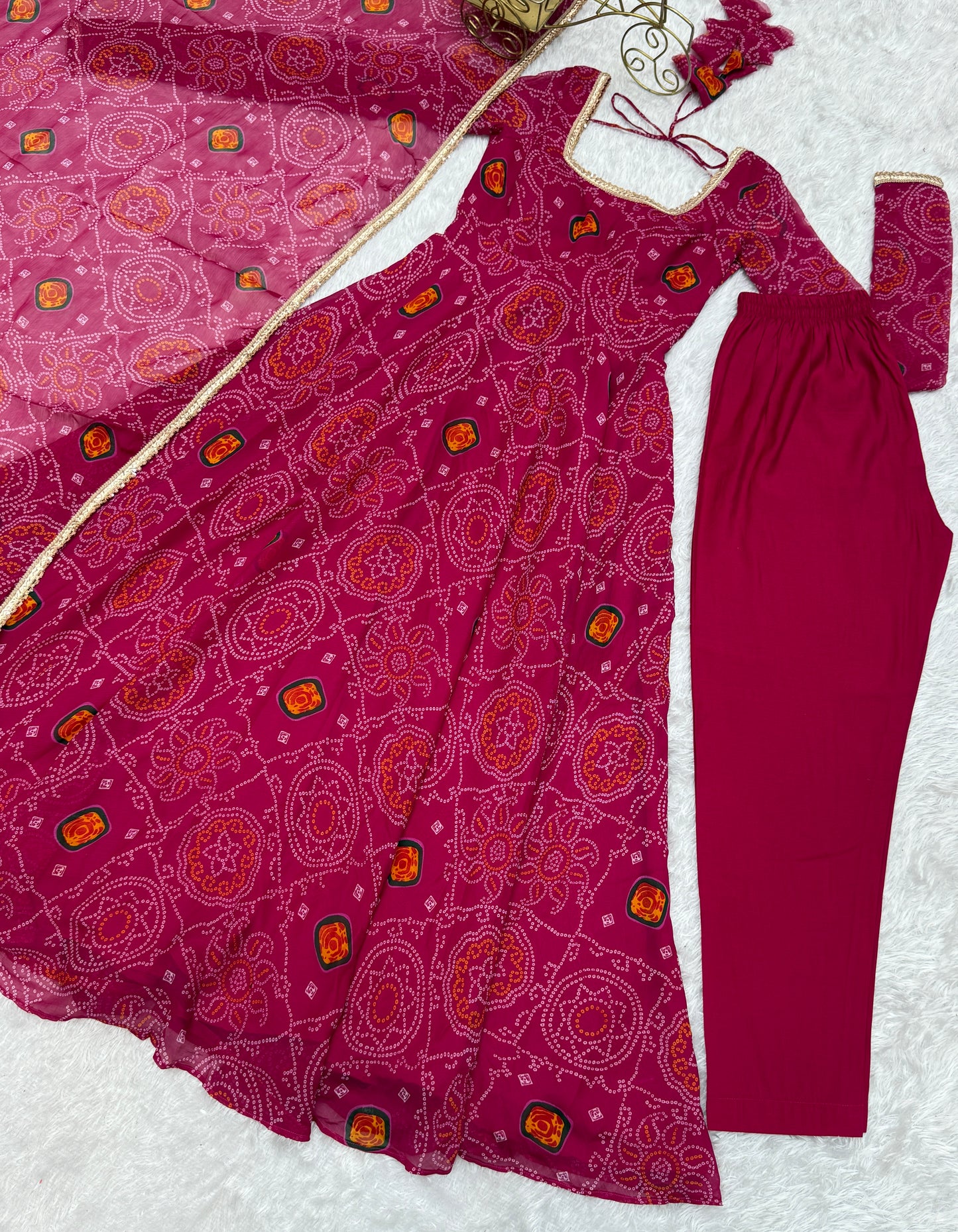 New Trending 8 MTR Pure Chiffon Bandhej Printed Anarkali Gown