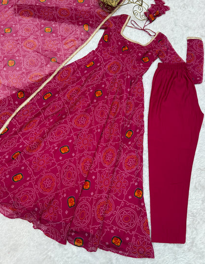 New Trending 8 MTR Pure Chiffon Bandhej Printed Anarkali Gown