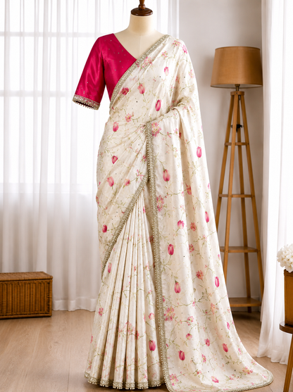 Pure crystal chiffon silk Stone Pearl Work Saree