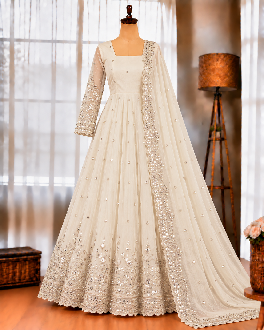 Fendy Silk Gown with Sequin Embroidery & Dupatta