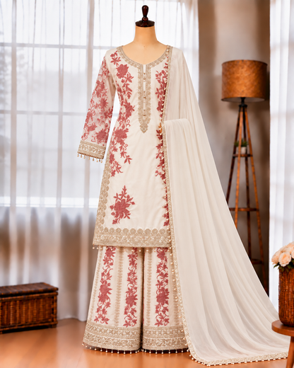 Heavy Star Georgette Top Palazzo Set with Sequin Embroidery & Lace Work