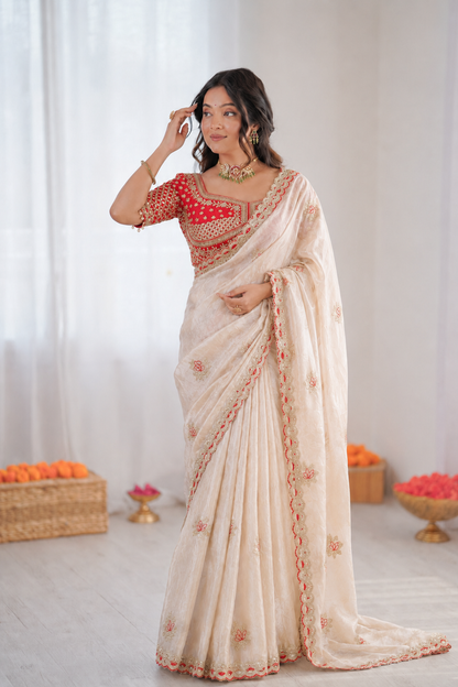 Beautiful Soft Fandy Satin Silk With Lotus Embroidery Work Saree