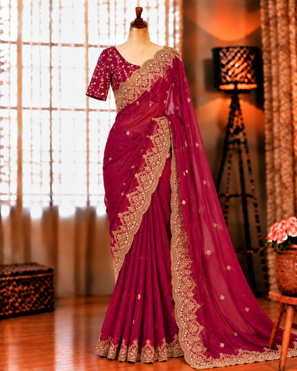 Dual Shaded Fendy Satin Saree with Sequin & Zari Embroidery Work