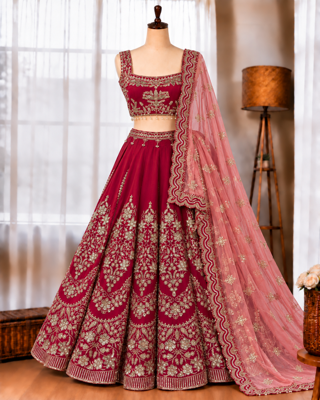 Mul Chanderi Lehenga Set with Thread & Sequin Embroidery and Cutwork Lace