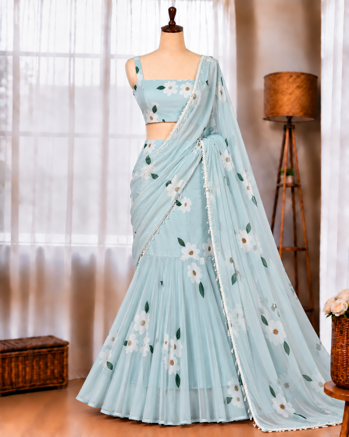 Faux Georgette Lehenga Set with Digital Print & Lace Dupatta
