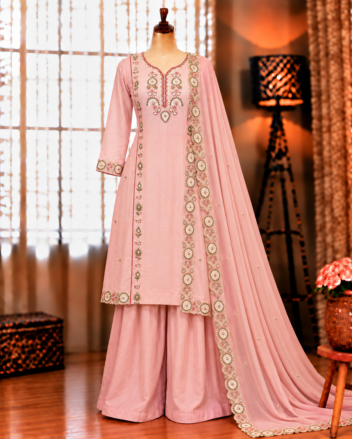 Mul Chanderi Top Pant Set with Sequin Embroidery & Cut Work