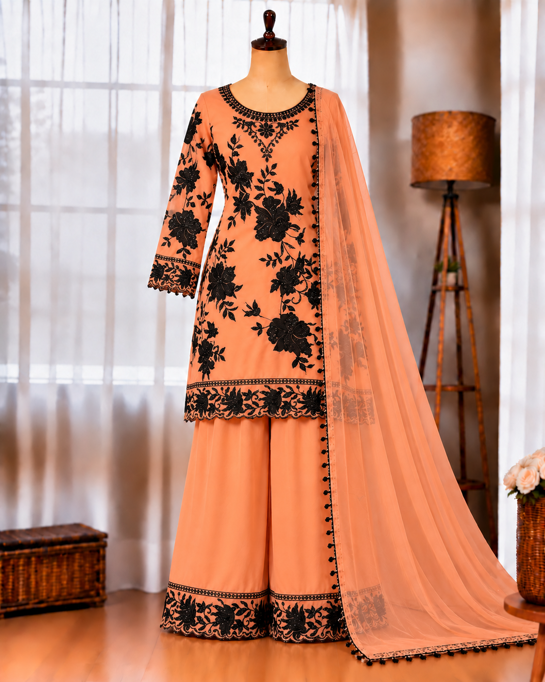 Faux Georgette Top Palazzo Set with Thread, Sequin & Cutwork Border