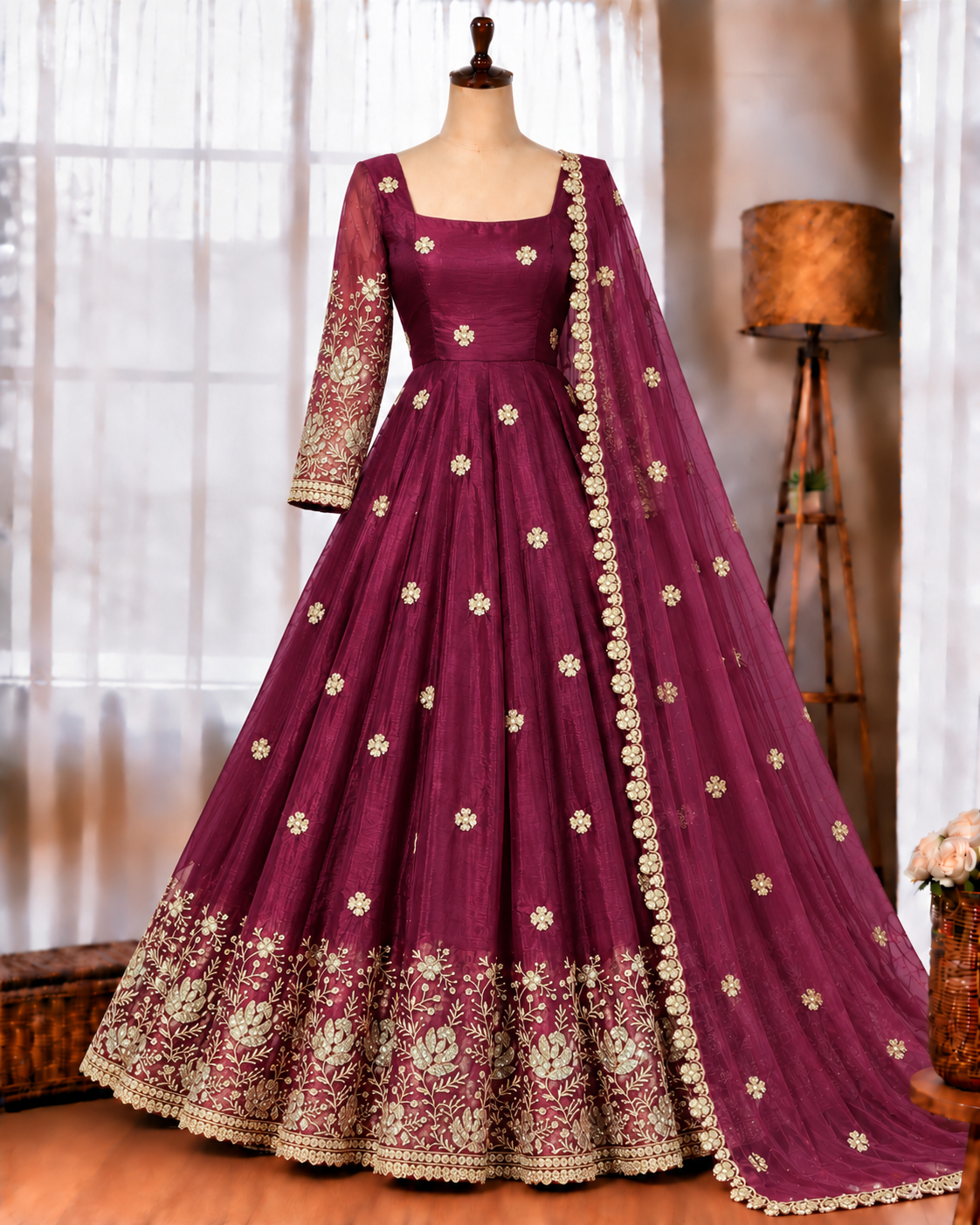 Chinon Silk Anarkali Suit with Thread & Sequin Work and Dupatta