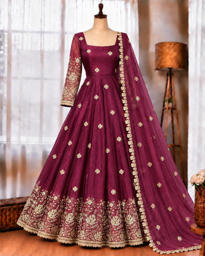Chinon Silk Anarkali Suit with Thread & Sequin Work and Dupatta