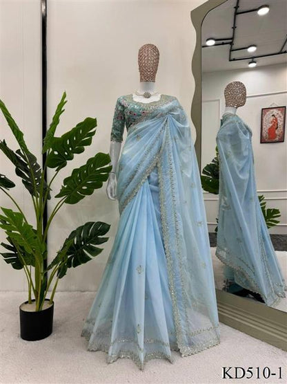Sky Blue Color Tibby Silk With Sequience Work Saree