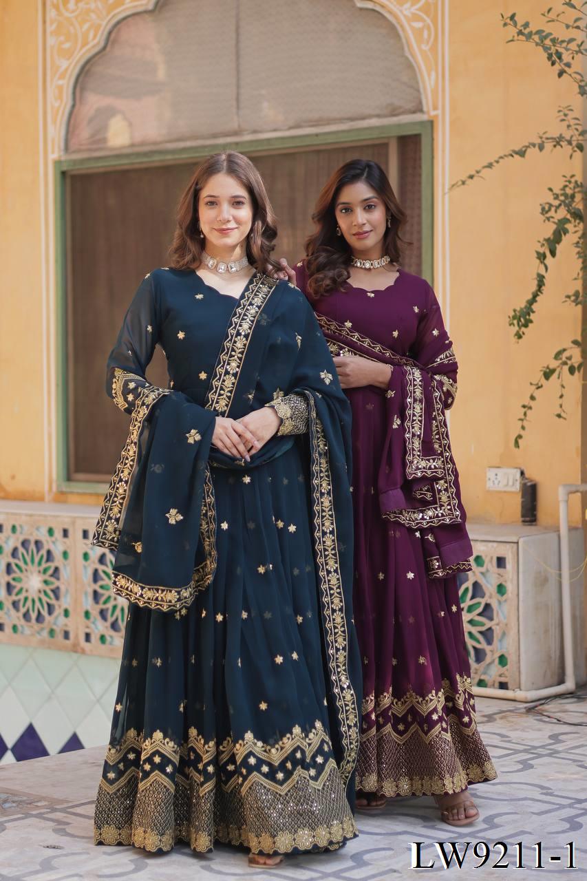 Wine Color Faux Blooming Embroidery Work Gown