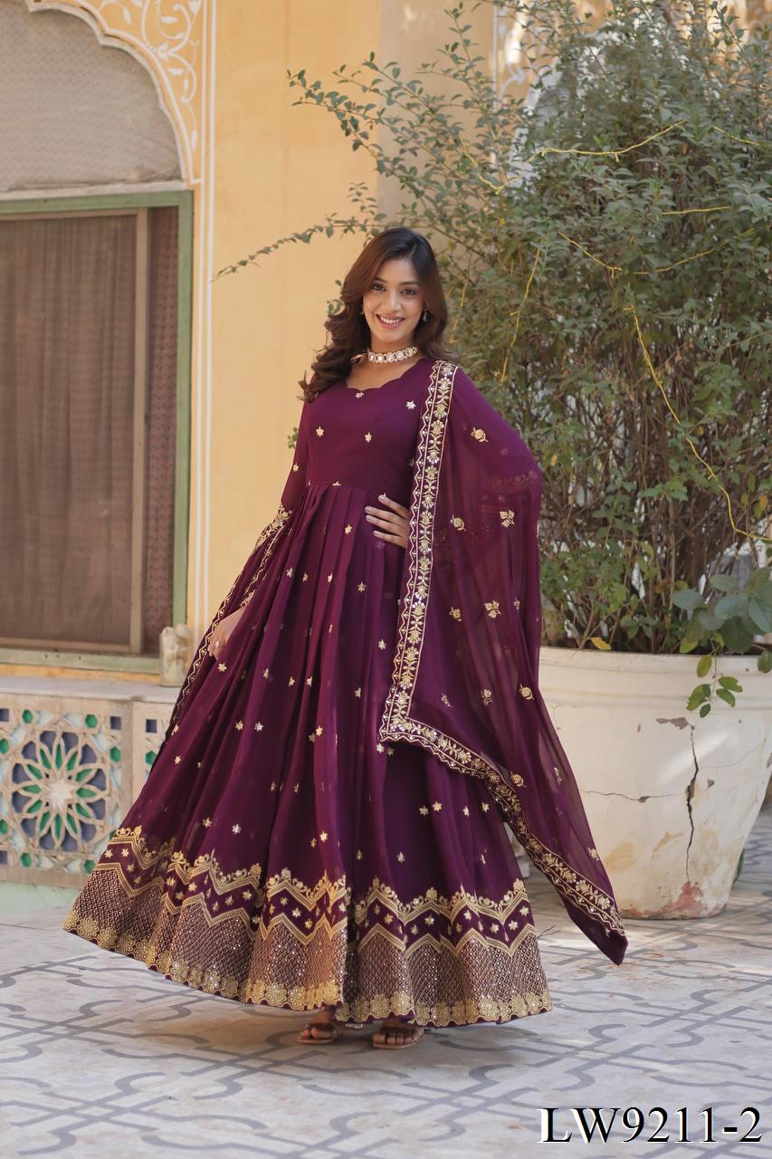 Wine Color Faux Blooming Embroidery Work Gown
