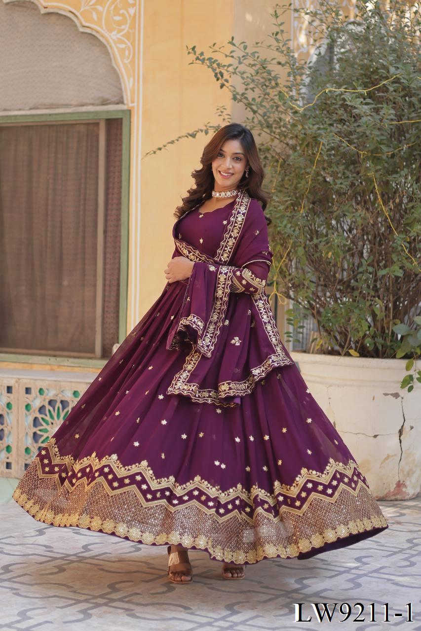 Wine Color Faux Blooming Embroidery Work Gown