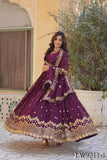 Wine Color Faux Blooming Embroidery Work Gown