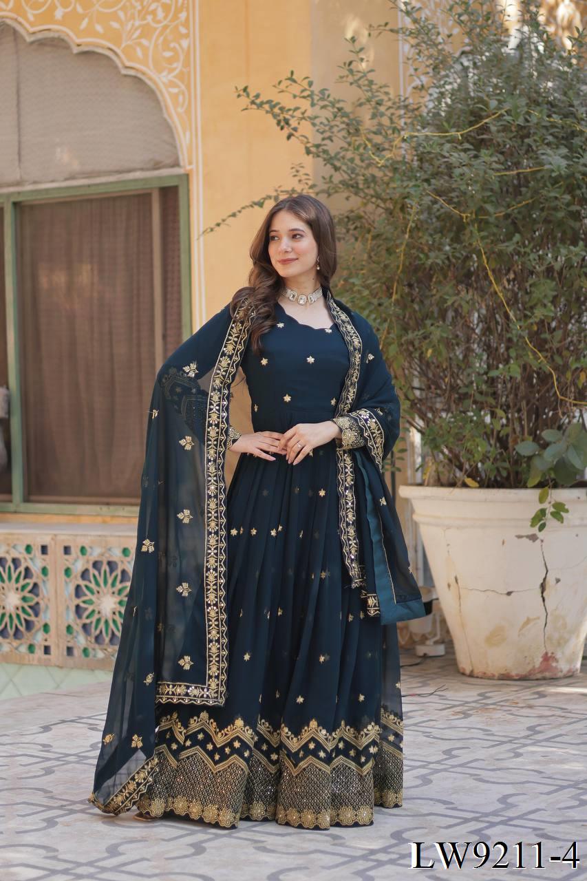 Wine Color Faux Blooming Embroidery Work Gown