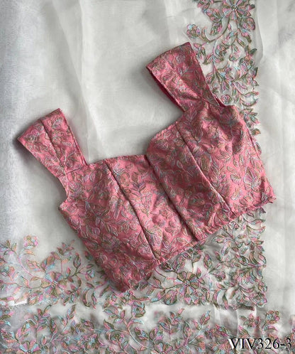 Pink & White Color Full Embroidery Work Saree