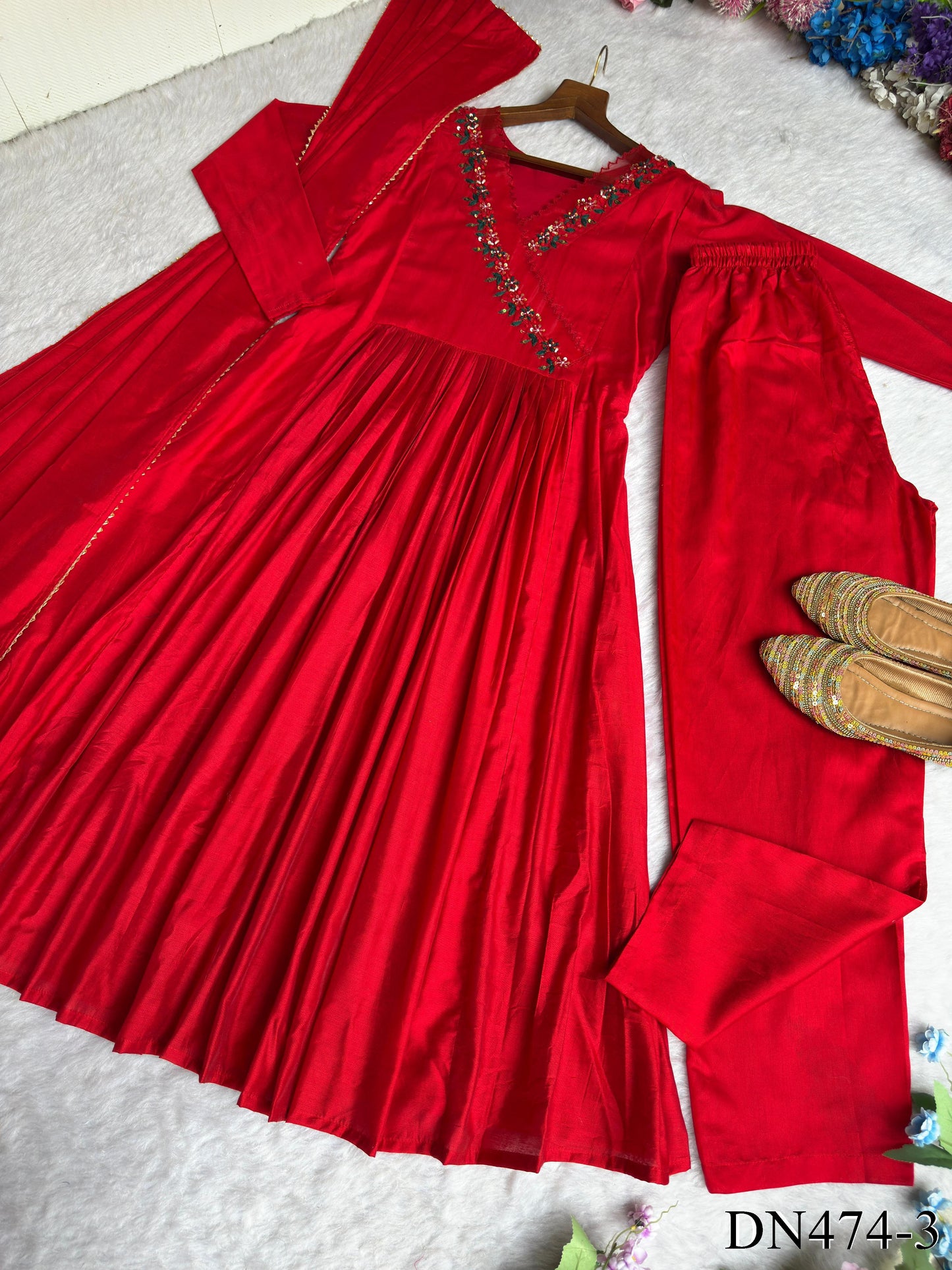RED COLOR CHANDERI SILK HAND WORK GOWN