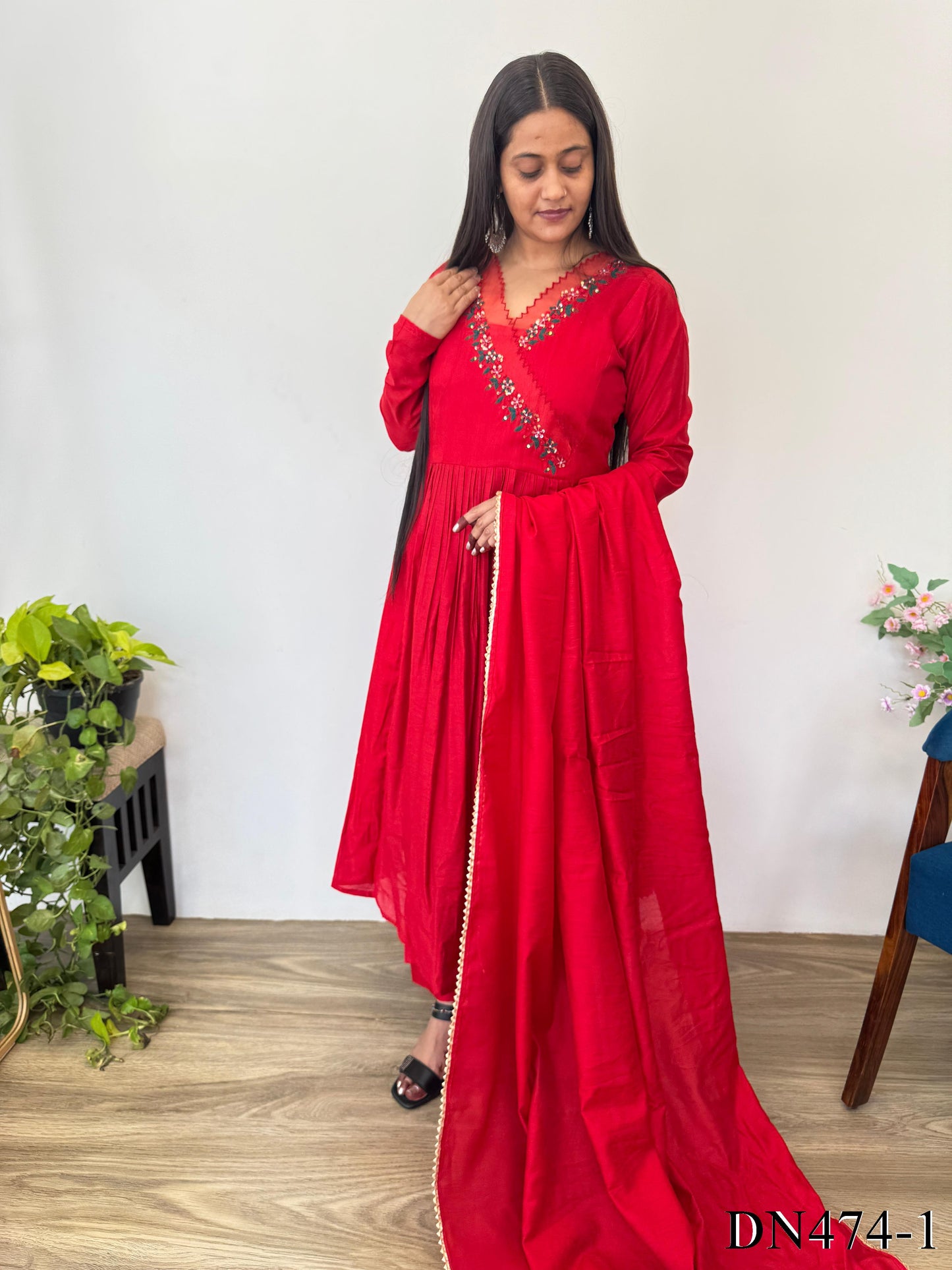 RED COLOR CHANDERI SILK HAND WORK GOWN