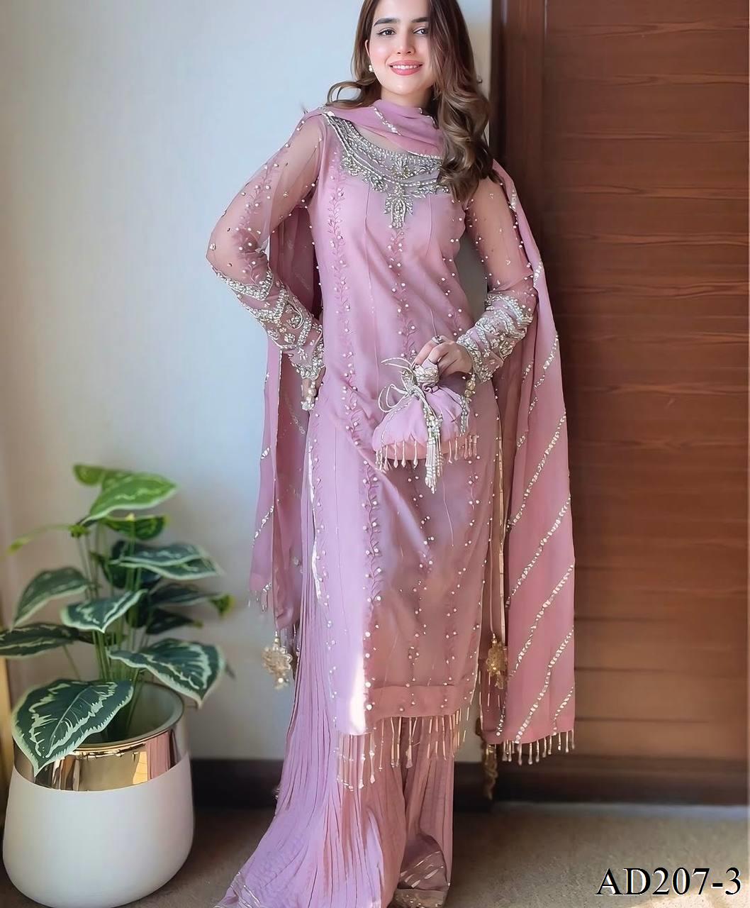 Pink Color Heavy Faux Georgette Embroidery Work Top Plazzo