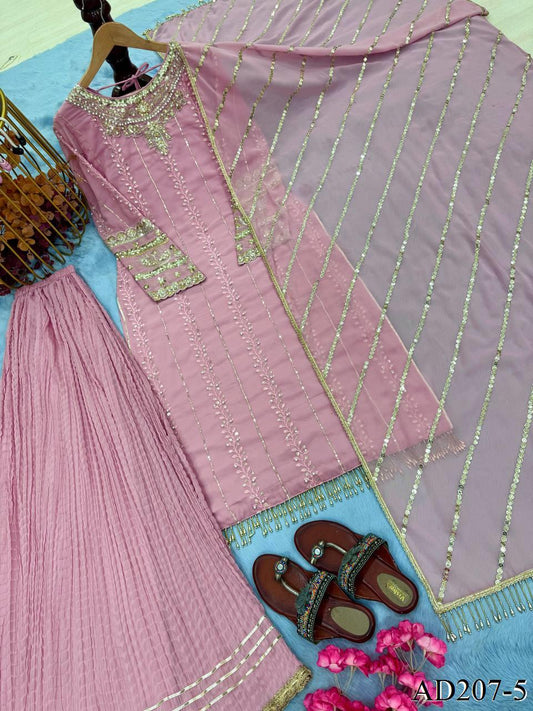 Pink Color Heavy Faux Georgette Embroidery Work Top Plazzo