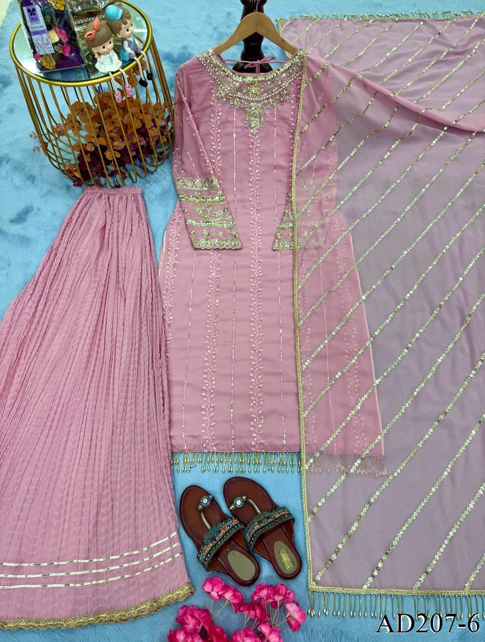 Pink Color Heavy Faux Georgette Embroidery Work Top Plazzo