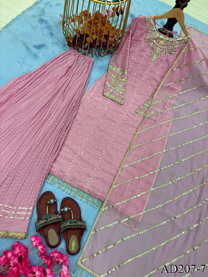 Pink Color Heavy Faux Georgette Embroidery Work Top Plazzo